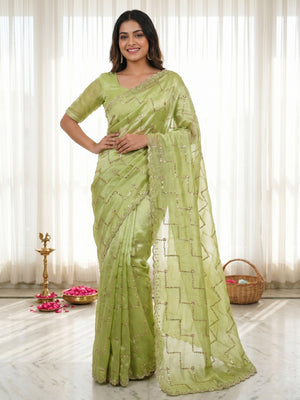 Graceful Green Sequins With Detailed Beads & Stone Work Organza Satin Silk Saree - Image 1