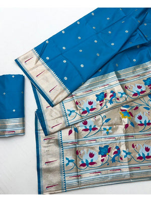 Blue Floral Weaving Banarasi Silk Paithani Saree With Zari Border & Designer Pallu - Image 2