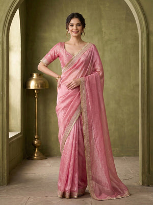 Graceful Pink Solid Organza Satin Silk Saree Adorned With Sequins Embroidered Lace Border Work - Image 1