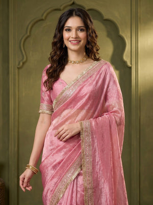 Graceful Pink Solid Organza Satin Silk Saree Adorned With Sequins Embroidered Lace Border Work - Image 2