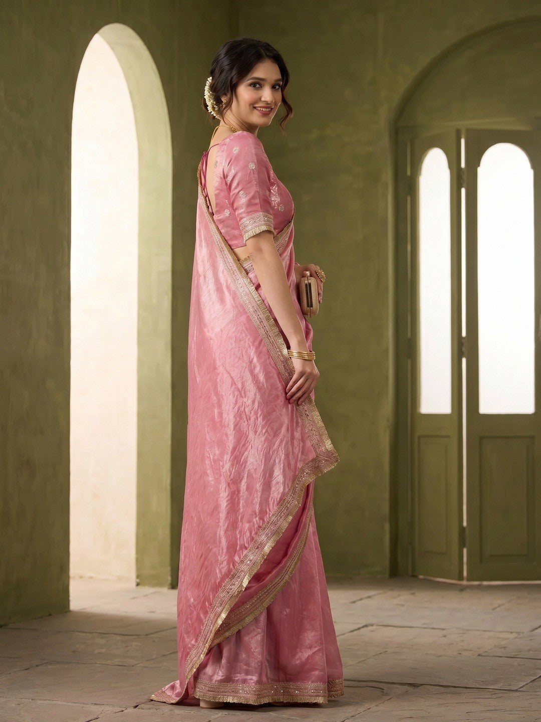 Graceful Pink Solid Organza Satin Silk Saree Adorned With Sequins Embroidered Lace Border Work - Image 5