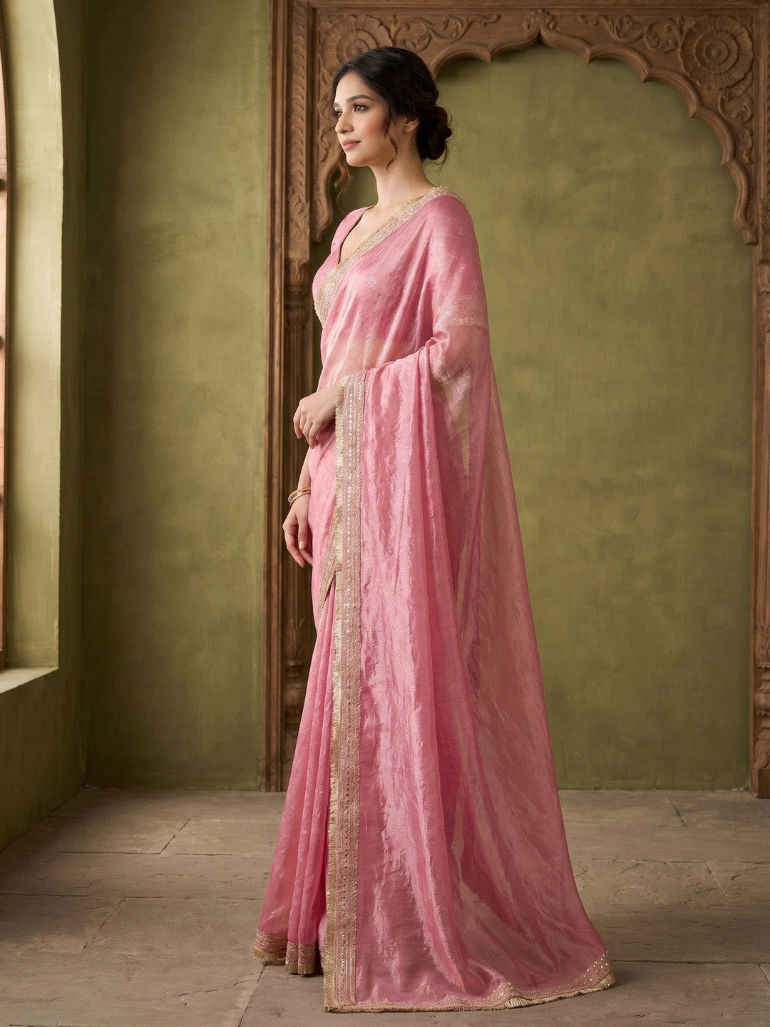 Graceful Pink Solid Organza Satin Silk Saree Adorned With Sequins Embroidered Lace Border Work - Image 4