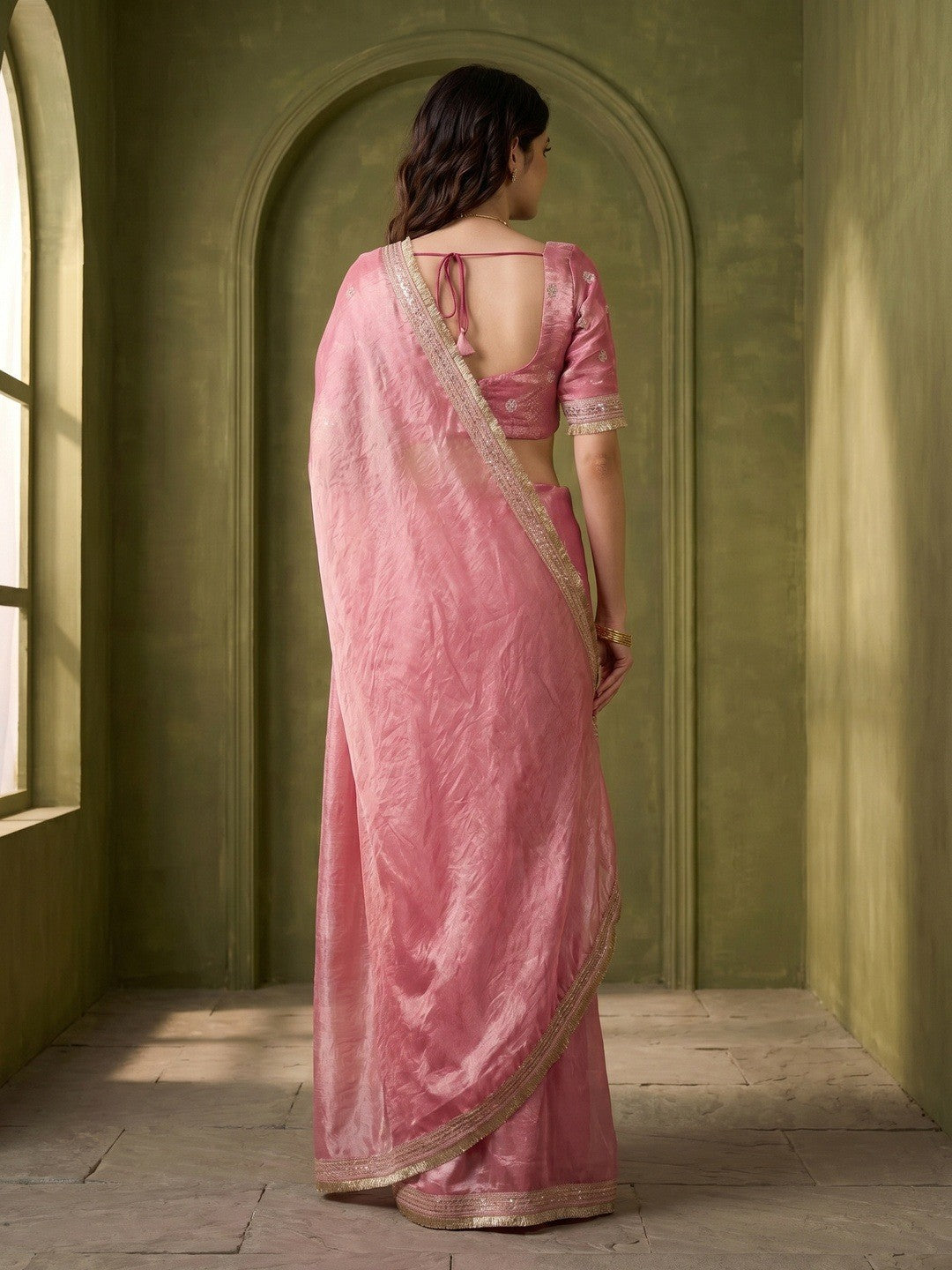 Graceful Pink Solid Organza Satin Silk Saree Adorned With Sequins Embroidered Lace Border Work - Image 3