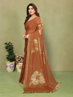 Elegant Brown Georgette Saree Adorned With Floral Foil Print & Rich Zari Border With Tassel Pallu - Image 2