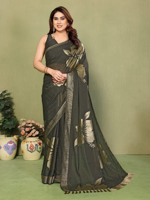 Elegant Mehendi Green Georgette Saree Adorned With Floral Foil Print & Rich Zari Border With Tassel Pallu - Image 1