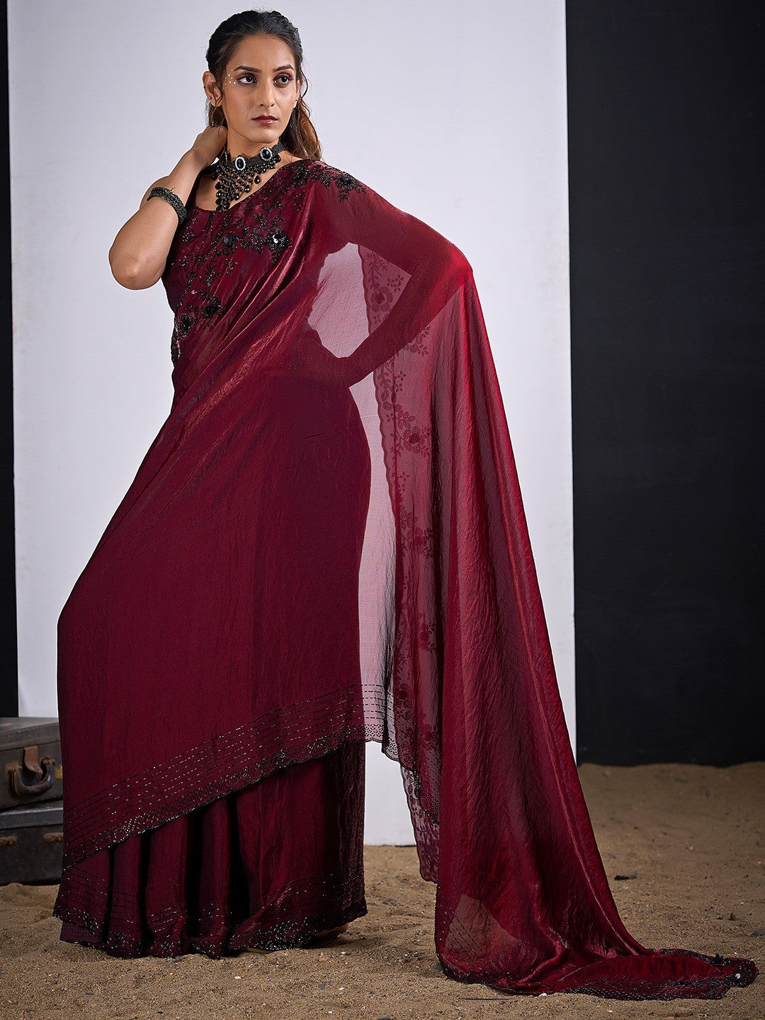 Glamorous Maroon Satin Silk Saree Featuring Rich Stone Work With Cut Dana & Sequins - Image 1