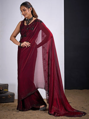 Glamorous Maroon Satin Silk Saree Featuring Rich Stone Work With Cut Dana & Sequins - Image 2