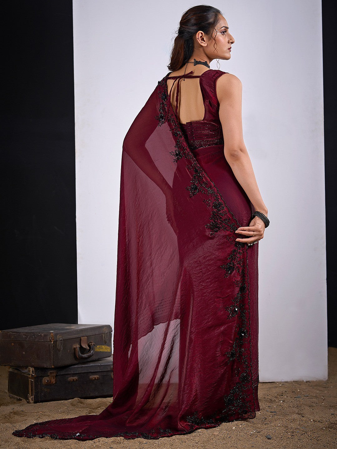 Glamorous Maroon Satin Silk Saree Featuring Rich Stone Work With Cut Dana & Sequins - Image 3