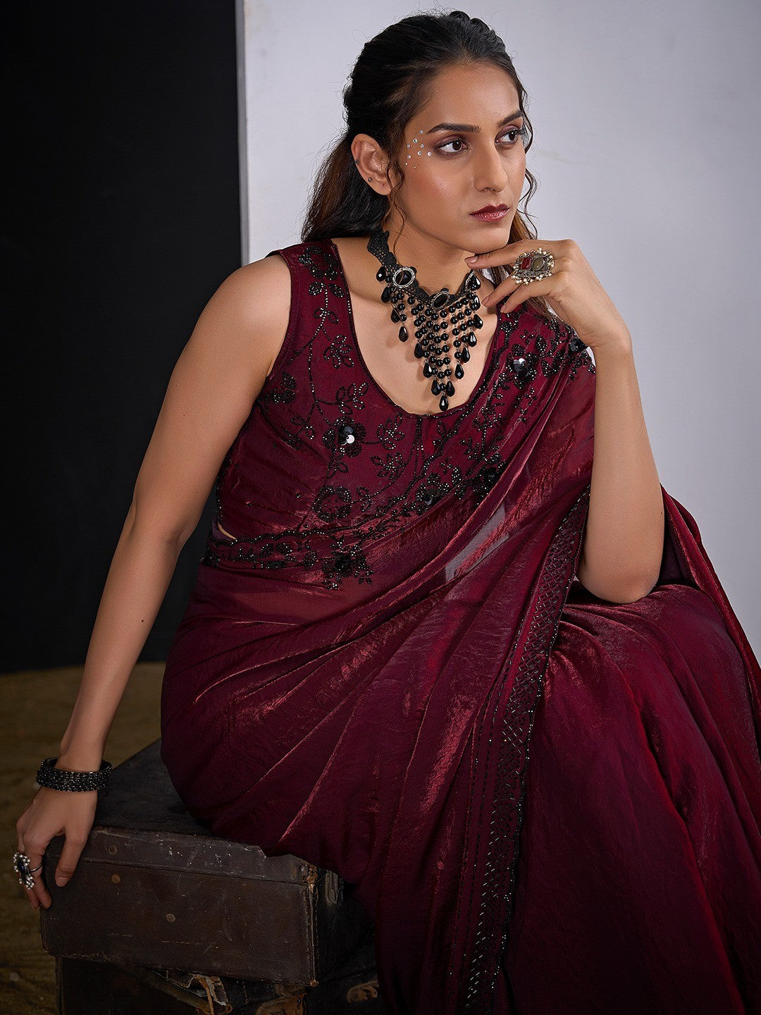 Glamorous Maroon Satin Silk Saree Featuring Rich Stone Work With Cut Dana & Sequins - Image 5