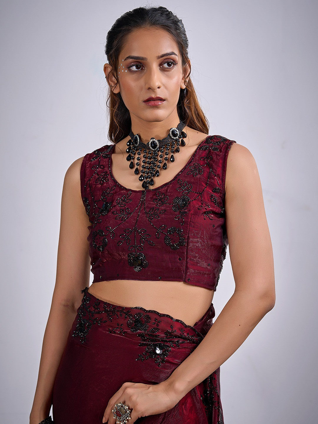Glamorous Maroon Satin Silk Saree Featuring Rich Stone Work With Cut Dana & Sequins - Image 4