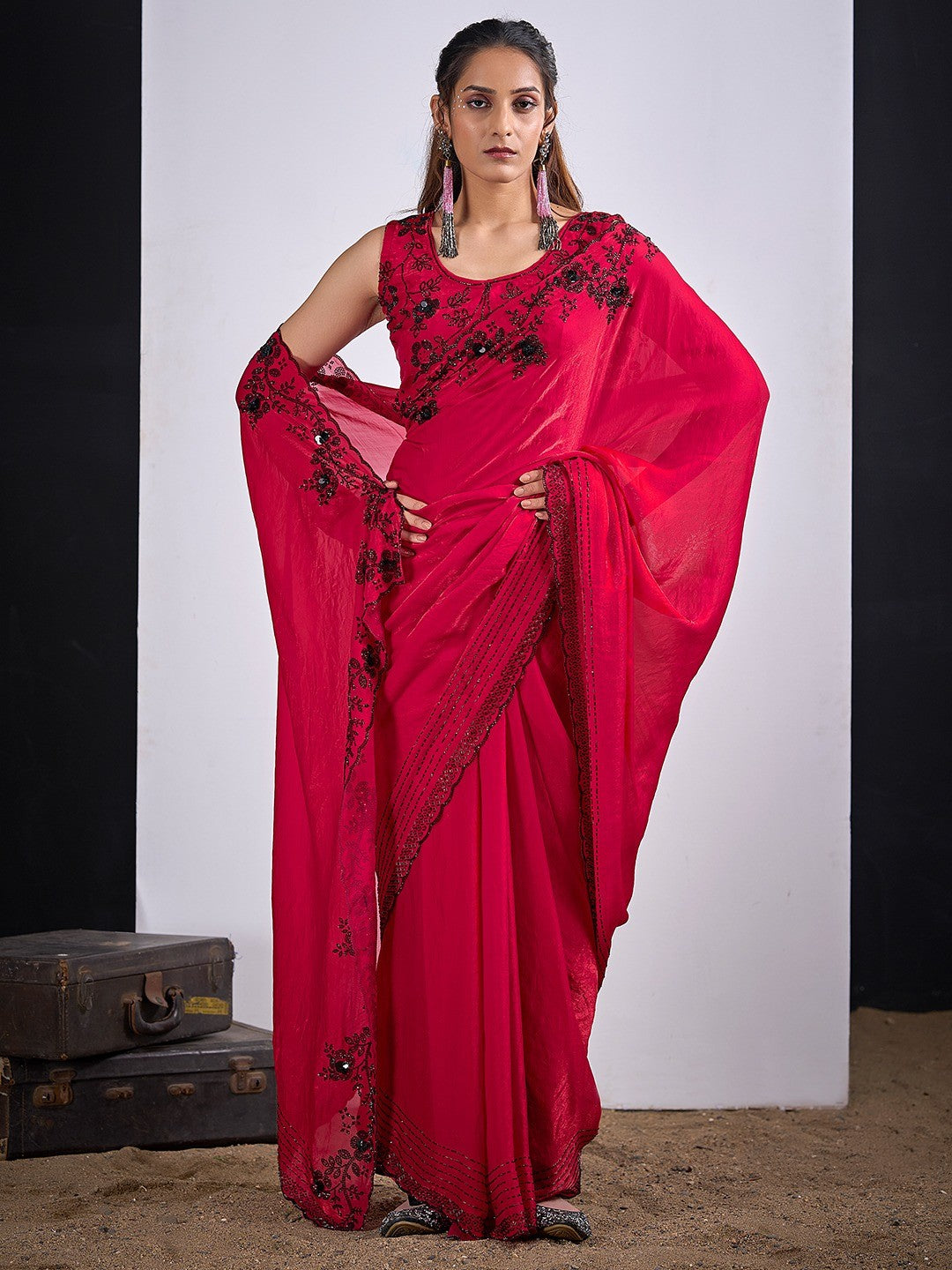 Glamorous Cherry Red Satin Silk Saree Featuring Rich Stone Work With Cut Dana & Sequins - Image 1