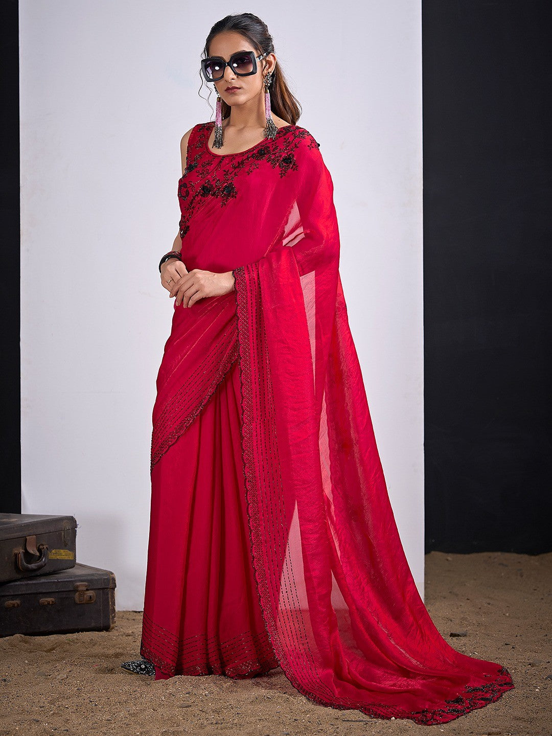 Glamorous Cherry Red Satin Silk Saree Featuring Rich Stone Work With Cut Dana & Sequins - Image 4