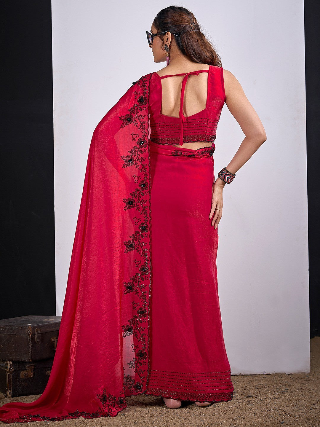 Glamorous Cherry Red Satin Silk Saree Featuring Rich Stone Work With Cut Dana & Sequins - Image 2
