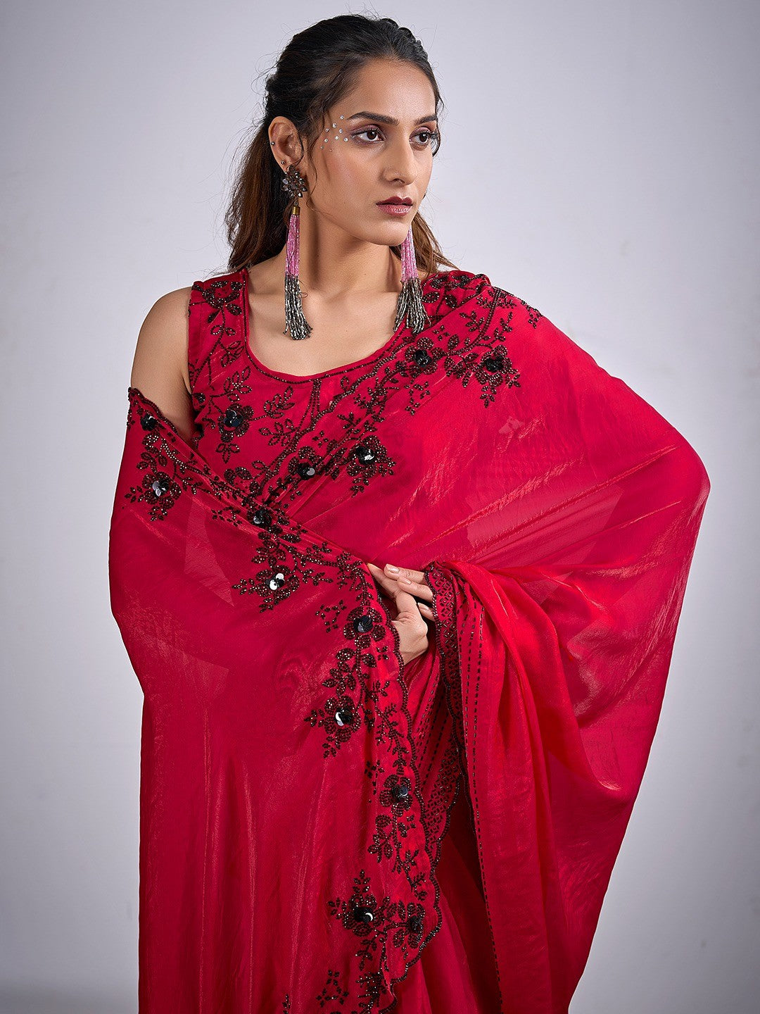 Glamorous Cherry Red Satin Silk Saree Featuring Rich Stone Work With Cut Dana & Sequins - Image 5