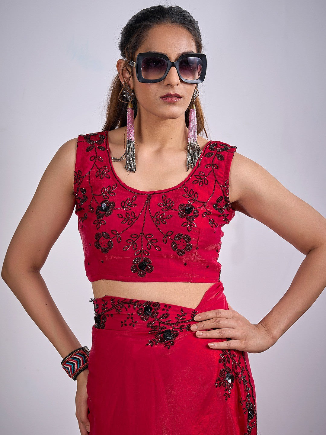 Glamorous Cherry Red Satin Silk Saree Featuring Rich Stone Work With Cut Dana & Sequins - Image 3