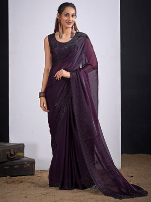 Glamorous Dark Purple Satin Silk Saree Featuring Rich Stone Work With Cut Dana & Sequins - Image 1