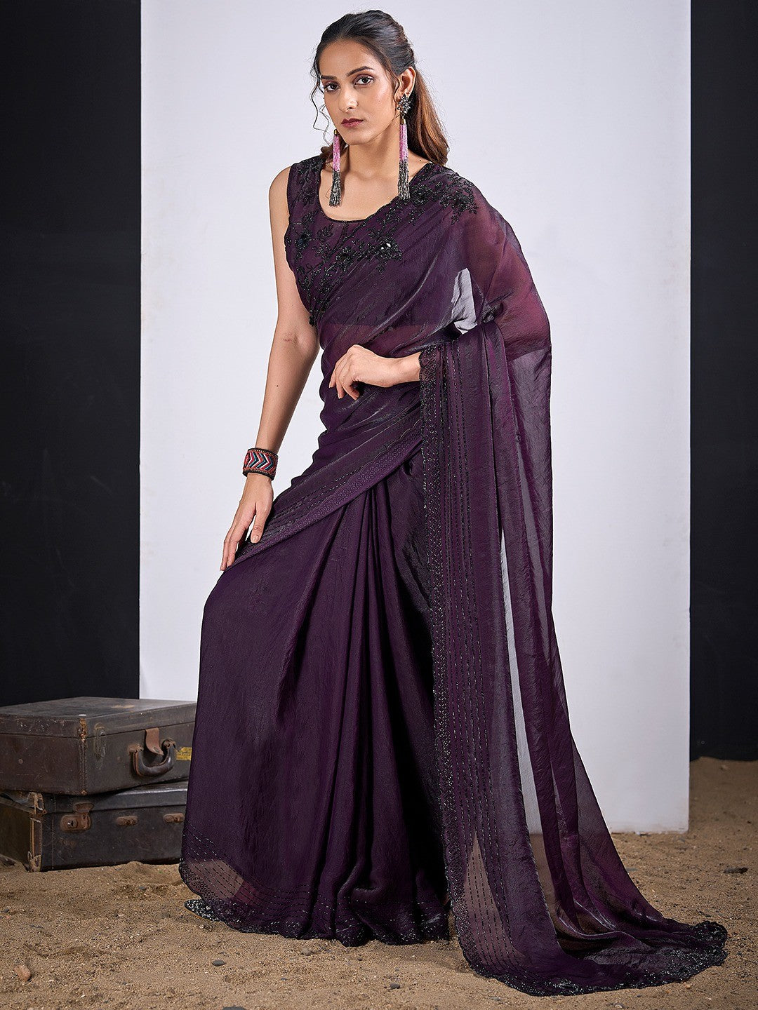 Glamorous Dark Purple Satin Silk Saree Featuring Rich Stone Work With Cut Dana & Sequins - Image 3