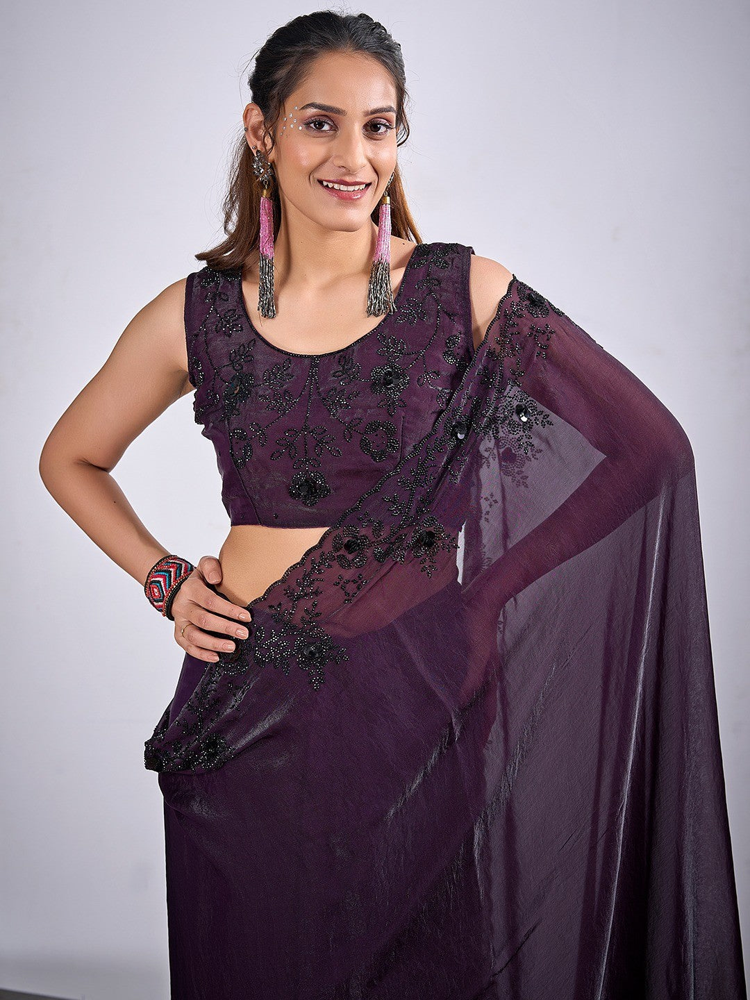 Glamorous Dark Purple Satin Silk Saree Featuring Rich Stone Work With Cut Dana & Sequins - Image 2