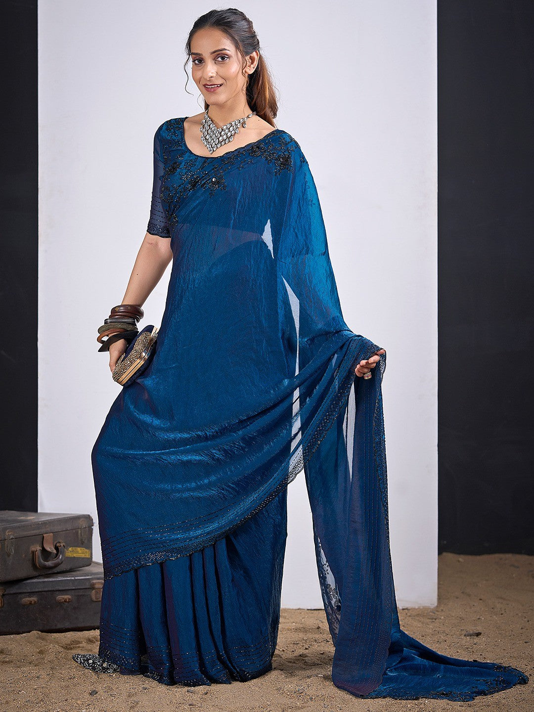 Glamorous Blue Satin Silk Saree Featuring Rich Stone Work With Cut Dana & Sequins - Image 5