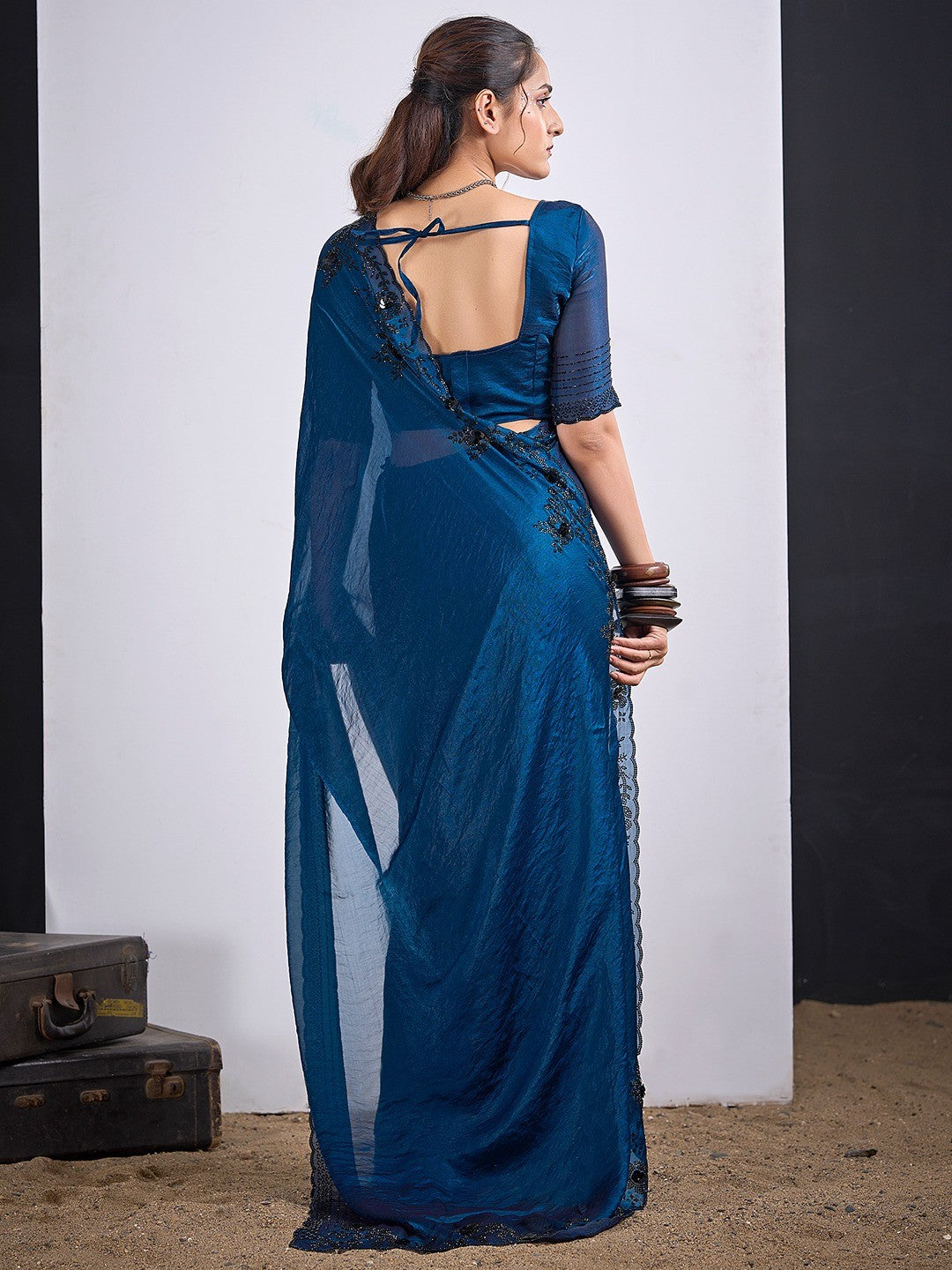 Glamorous Blue Satin Silk Saree Featuring Rich Stone Work With Cut Dana & Sequins - Image 4