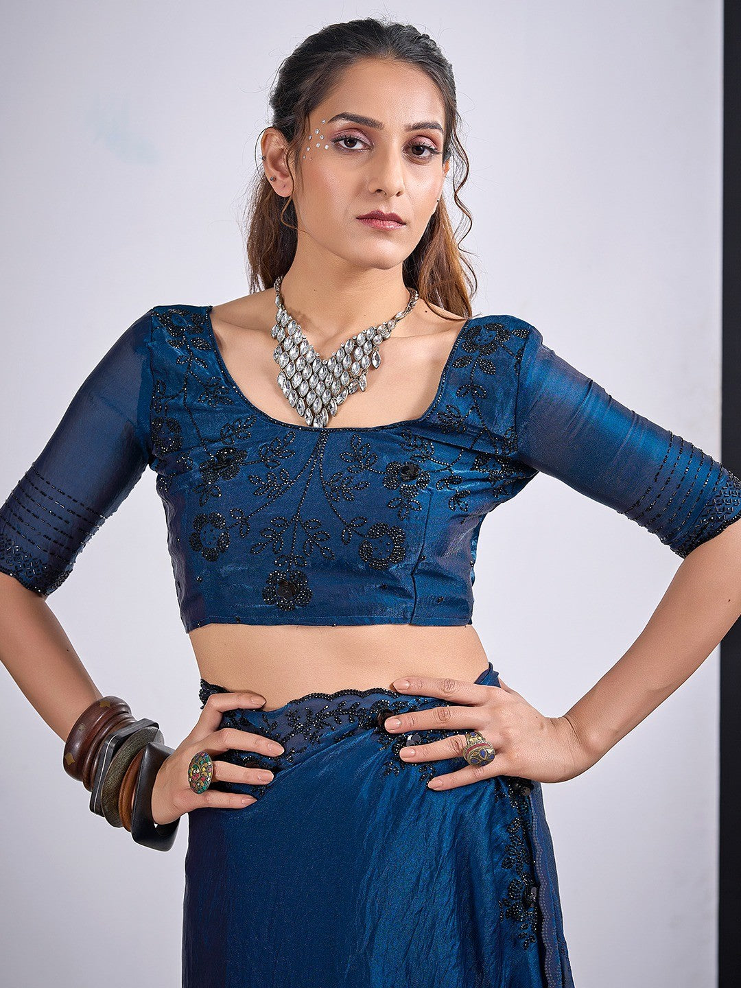 Glamorous Blue Satin Silk Saree Featuring Rich Stone Work With Cut Dana & Sequins - Image 2
