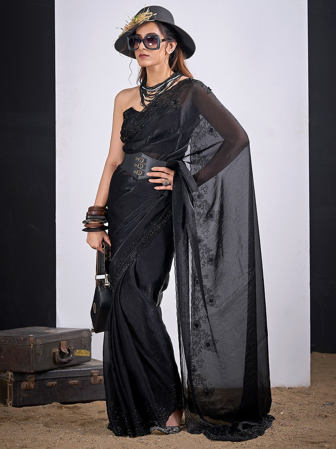 Glamorous Black Satin Silk Saree Featuring Rich Stone Work With Cut Dana & Sequins - Image 4