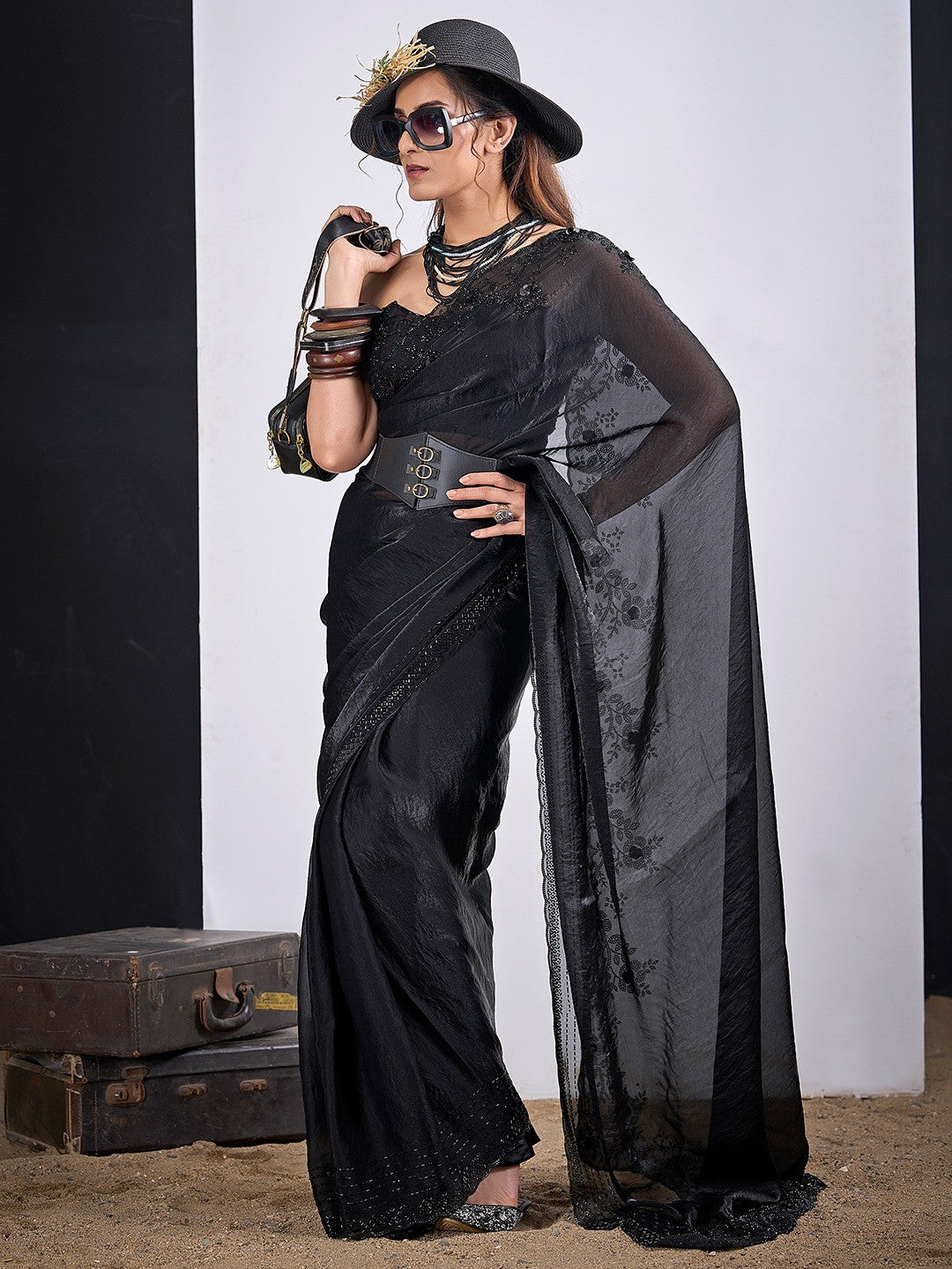 Glamorous Black Satin Silk Saree Featuring Rich Stone Work With Cut Dana & Sequins - Image 5