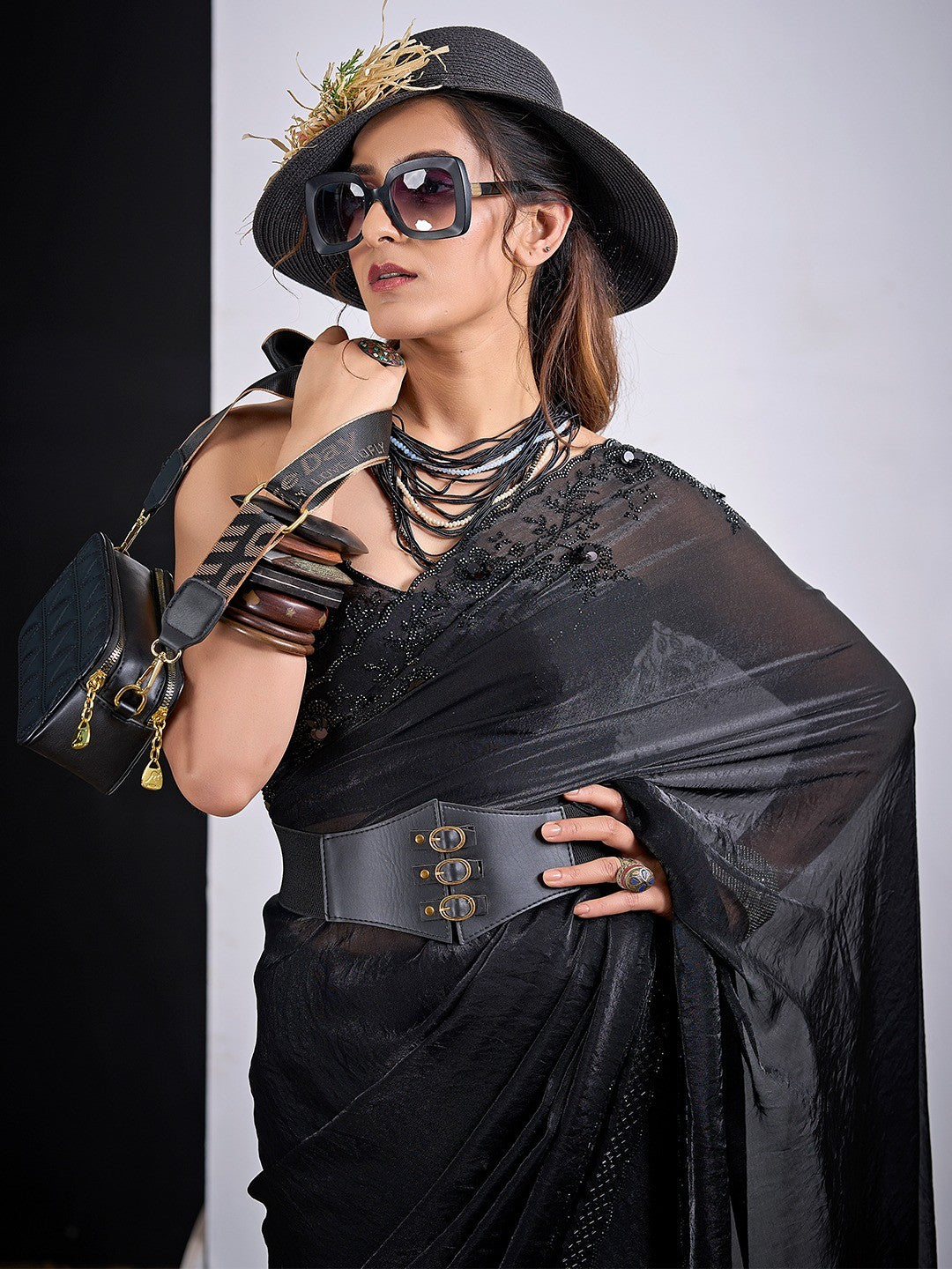 Glamorous Black Satin Silk Saree Featuring Rich Stone Work With Cut Dana & Sequins - Image 2