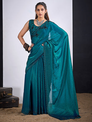 Glamorous Morpich Blue Satin Silk Saree Featuring Rich Stone Work With Cut Dana & Sequins - Image 1