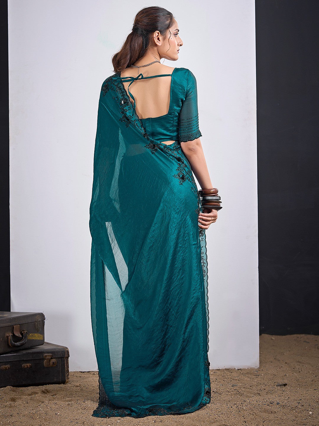 Glamorous Morpich Blue Satin Silk Saree Featuring Rich Stone Work With Cut Dana & Sequins - Image 2