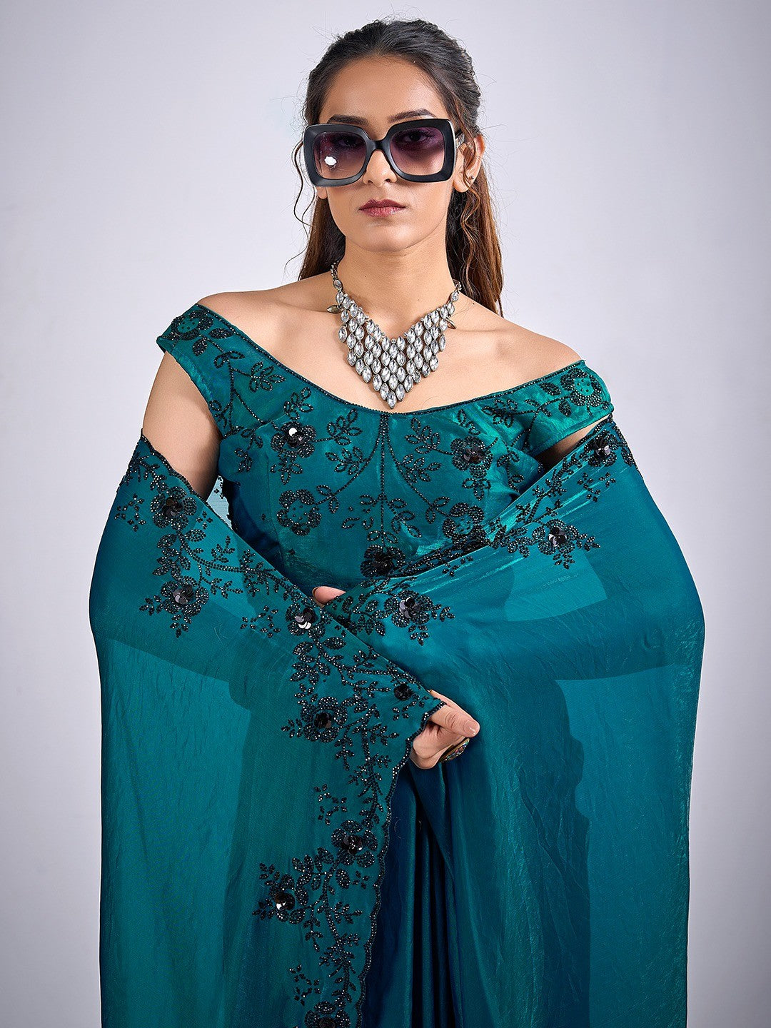 Glamorous Morpich Blue Satin Silk Saree Featuring Rich Stone Work With Cut Dana & Sequins - Image 6