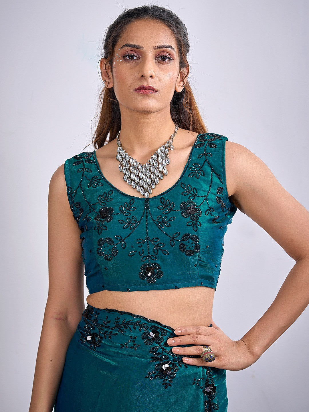 Glamorous Morpich Blue Satin Silk Saree Featuring Rich Stone Work With Cut Dana & Sequins - Image 3