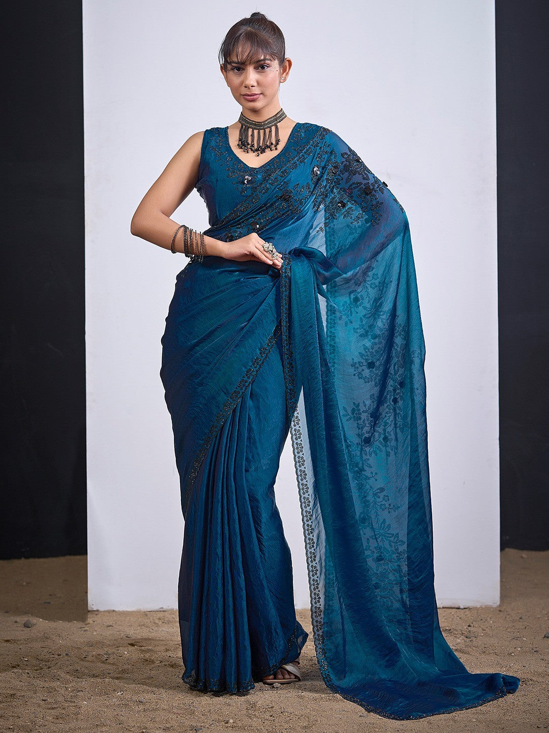 Classic Morpich Blue Satin Silk Saree Featuring Stone & Cut Dana Work With Sequin Applic Finish - Image 1