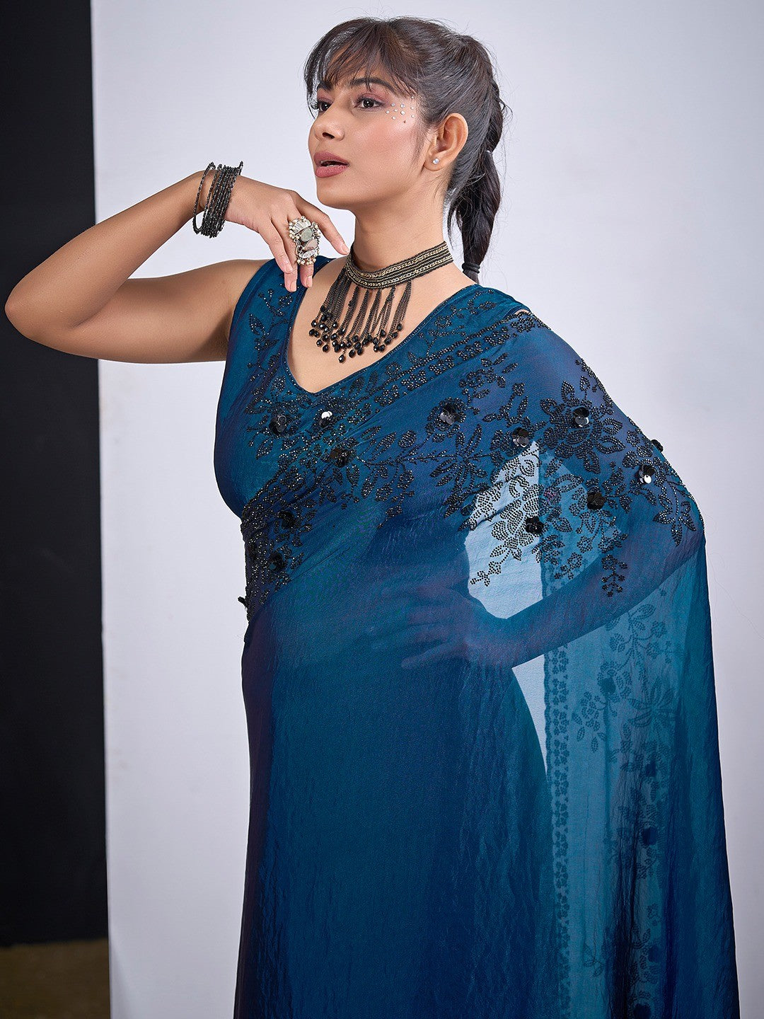 Classic Morpich Blue Satin Silk Saree Featuring Stone & Cut Dana Work With Sequin Applic Finish - Image 2