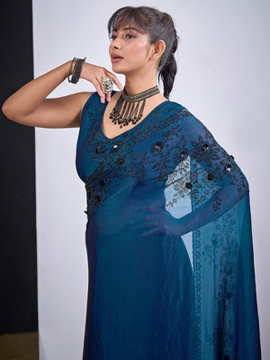 Classic Morpich Blue Satin Silk Saree Featuring Stone & Cut Dana Work With Sequin Applic Finish - Image 2