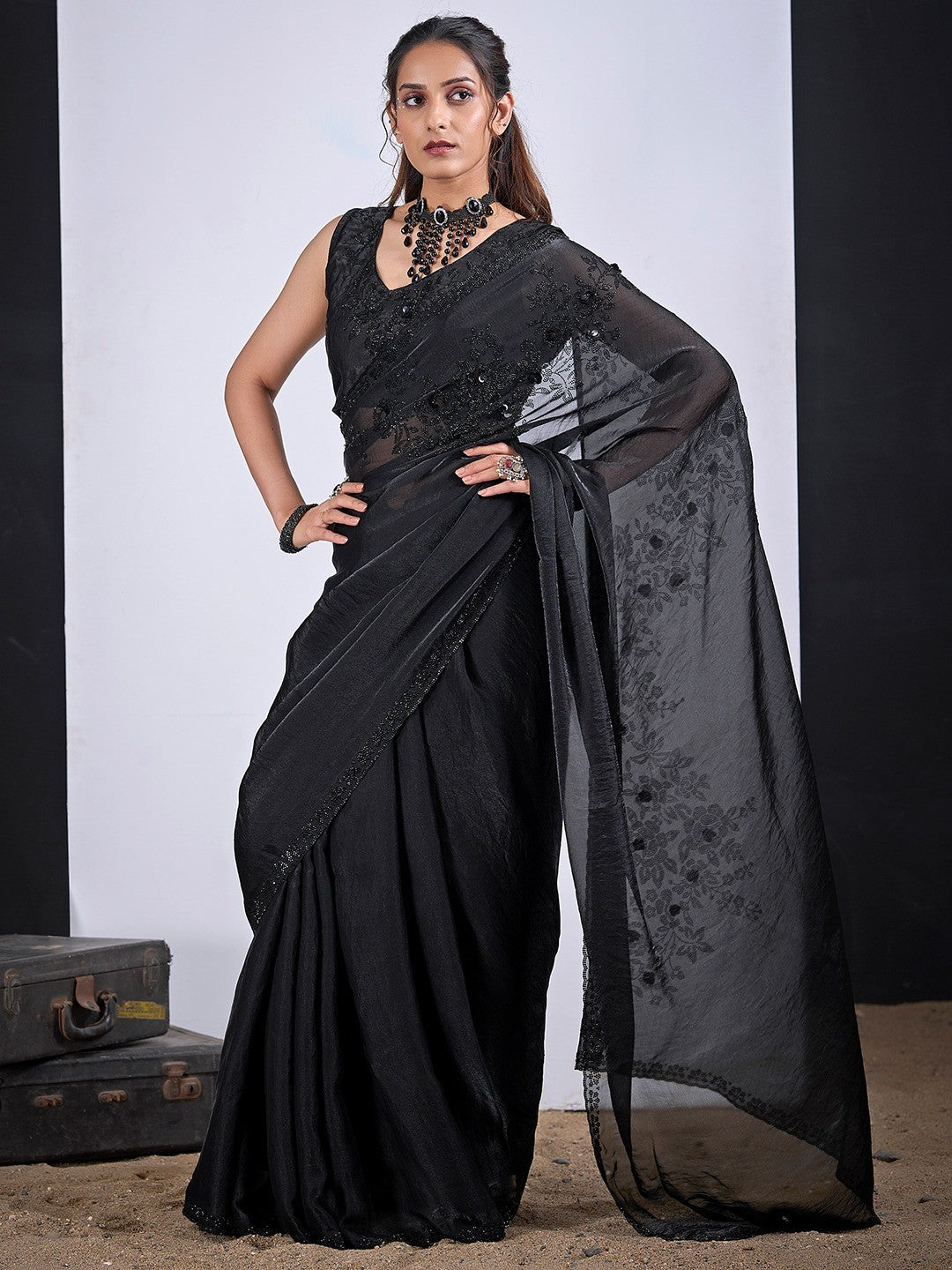 Classic Black Satin Silk Saree Featuring Stone & Cut Dana Work With Sequin Applic Finish - Image 1