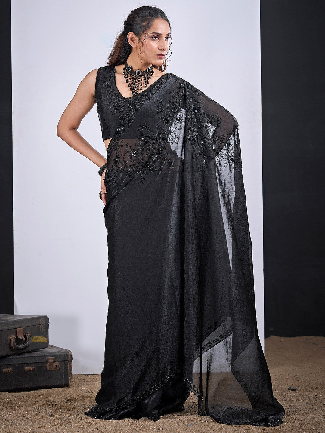 Classic Black Satin Silk Saree Featuring Stone & Cut Dana Work With Sequin Applic Finish - Image 3