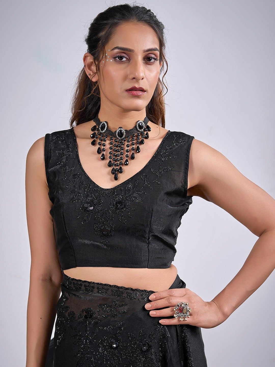 Classic Black Satin Silk Saree Featuring Stone & Cut Dana Work With Sequin Applic Finish - Image 6