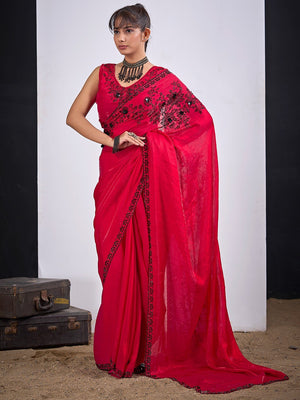 Classic Cherry Red Satin Silk Saree Featuring Stone & Cut Dana Work With Sequin Applic Finish - Image 1