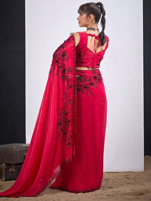 Classic Cherry Red Satin Silk Saree Featuring Stone & Cut Dana Work With Sequin Applic Finish - Image 2