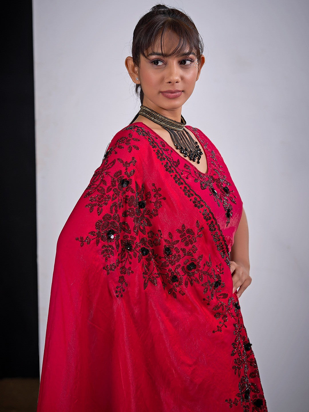 Classic Cherry Red Satin Silk Saree Featuring Stone & Cut Dana Work With Sequin Applic Finish - Image 4