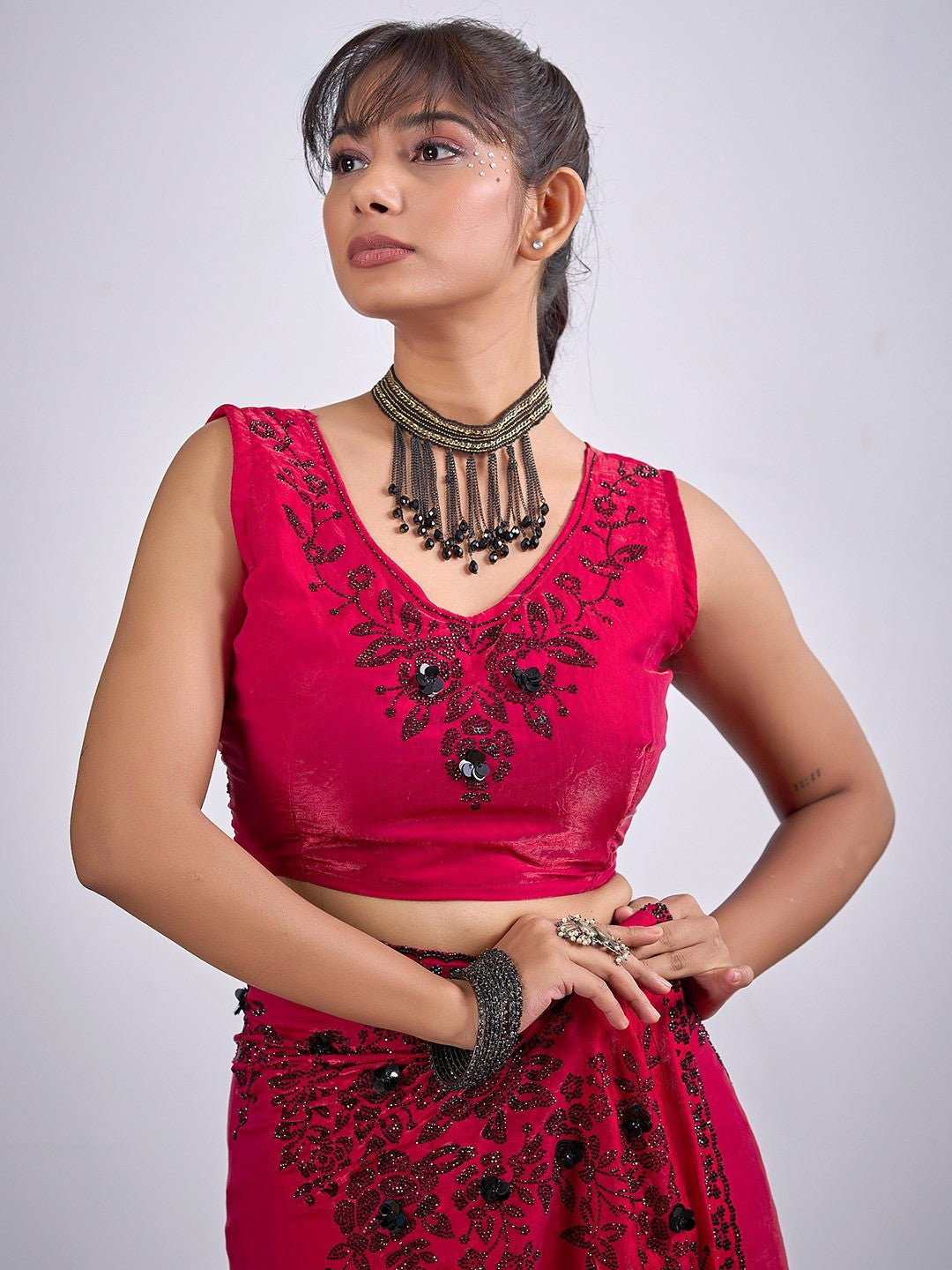 Classic Cherry Red Satin Silk Saree Featuring Stone & Cut Dana Work With Sequin Applic Finish - Image 5