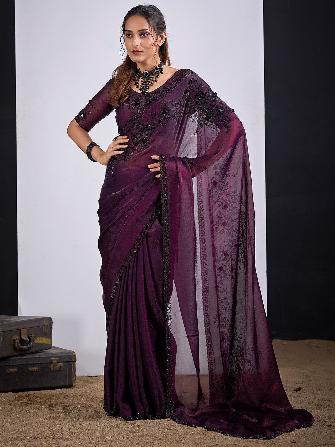 Classic Wine Satin Silk Saree Featuring Stone & Cut Dana Work With Sequin Applic Finish - Image 1