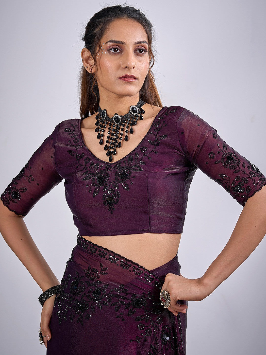 Classic Wine Satin Silk Saree Featuring Stone & Cut Dana Work With Sequin Applic Finish - Image 5