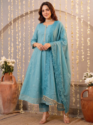 Graceful Blue Mul Cotton Anarkali Set with Intricate Thread Work - Image 1