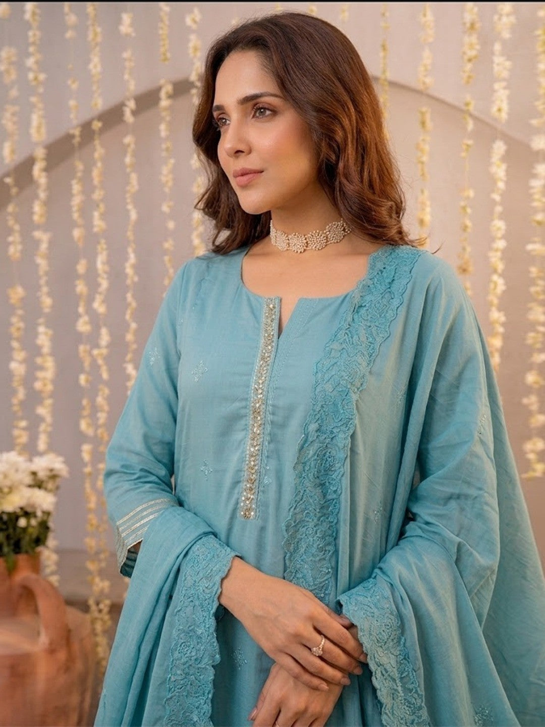 Graceful Blue Mul Cotton Anarkali Set with Intricate Thread Work - Image 2