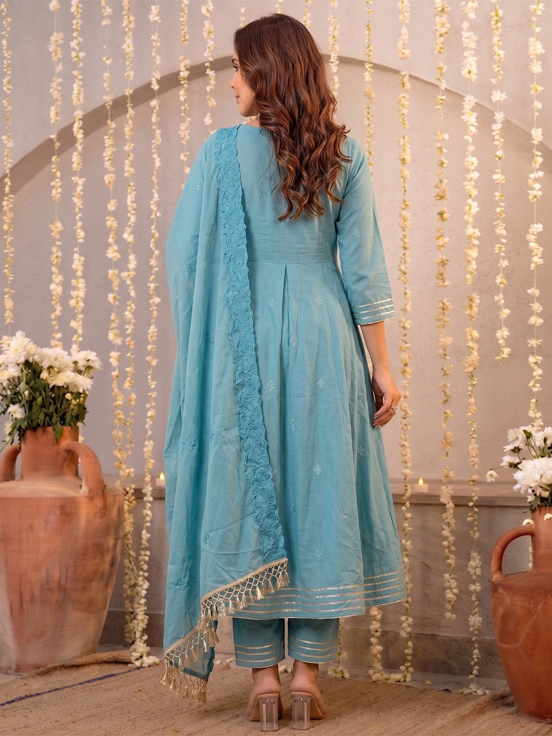Graceful Blue Mul Cotton Anarkali Set with Intricate Thread Work - Image 5