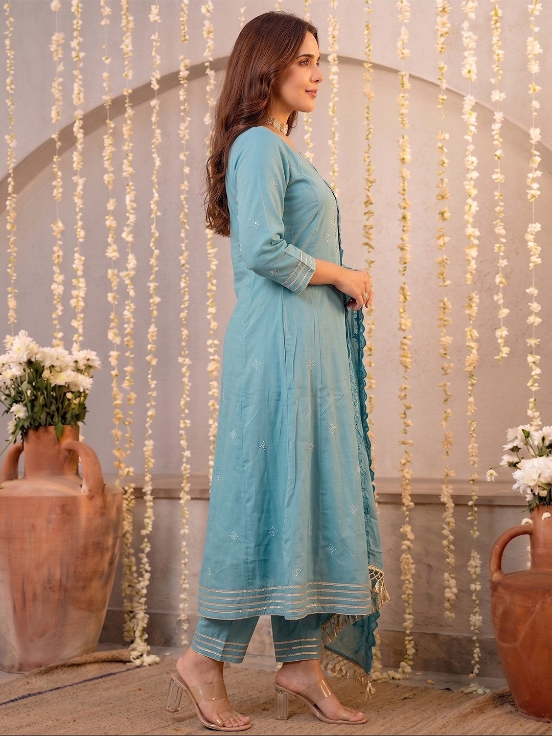 Graceful Blue Mul Cotton Anarkali Set with Intricate Thread Work - Image 4