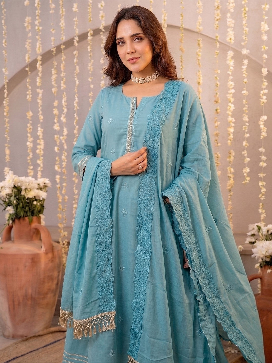Graceful Blue Mul Cotton Anarkali Set with Intricate Thread Work - Image 3