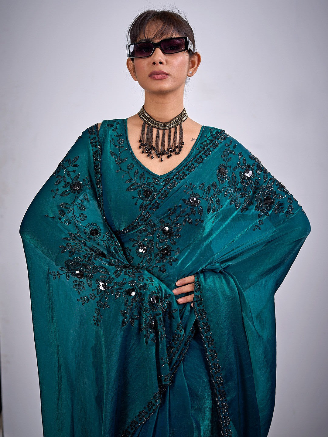Classic Teal Satin Silk Saree Featuring Stone & Cut Dana Work With Sequin Applic Finish - Image 2